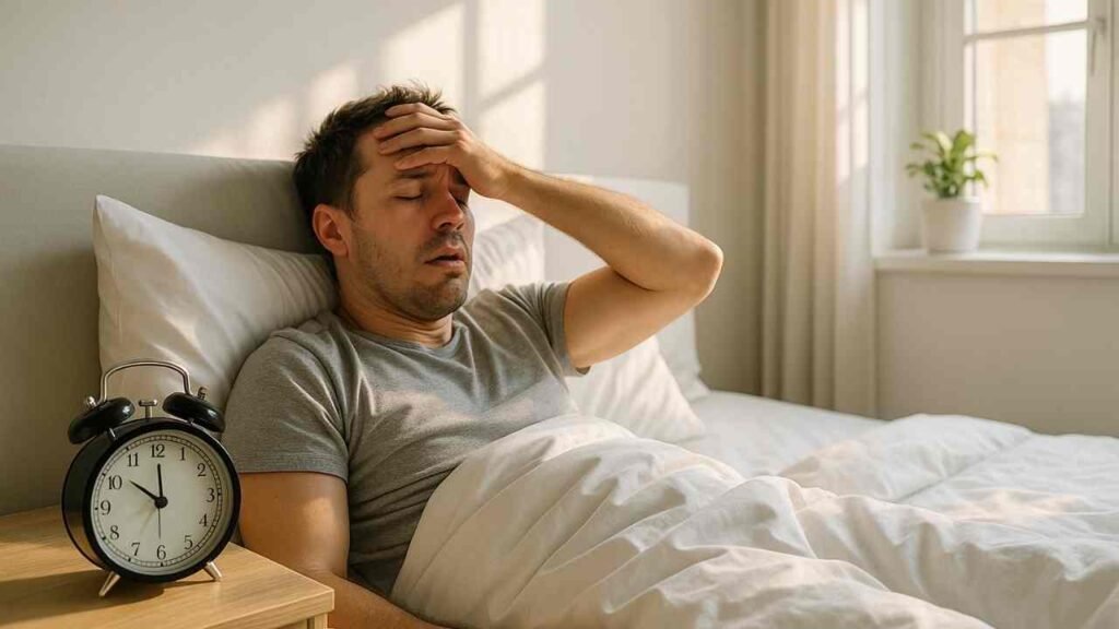 Homem deitado na cama com expressão de exaustão, luz do sol entrando pela janela, despertador marcando 7h da manhã, ambiente clean e moderno