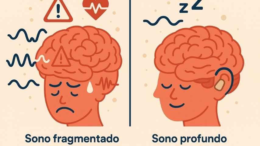 Ilustração mostrando diferença entre sono com ruído (fragmentado) e sono com protetor auricular (profundo), destacando impacto do som no cérebro.