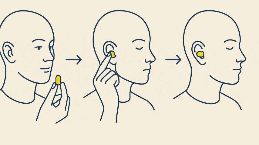 Passo a passo visual de como inserir corretamente o protetor auricular de espuma: enrolar, inserir suavemente e esperar expandir no ouvido.