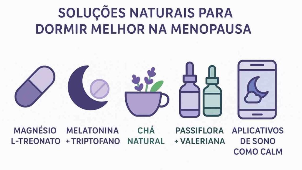 Infográfico comparando remédios naturais para insônia na menopausa com ícones de suplementos, chá, gotas fitoterápicas e aplicativos