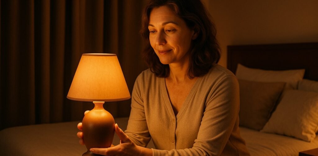 Mulher de 35 a 50 anos sentada na beira da cama à noite, em um quarto levemente iluminado com luz âmbar suave. Ela segura uma luminária ou abajur âmbar com expressão de alívio e curiosidade, como se estivesse testando algo novo. O ambiente transmite tranquilidade, com tons quentes (âmbar, bege, marrom claro), sem luzes brancas ou frias. Ao fundo, detalhes como cortinas blackout, travesseiros confortáveis e um ambiente de descanso. Estilo fotográfico realista com leve toque editorial.
