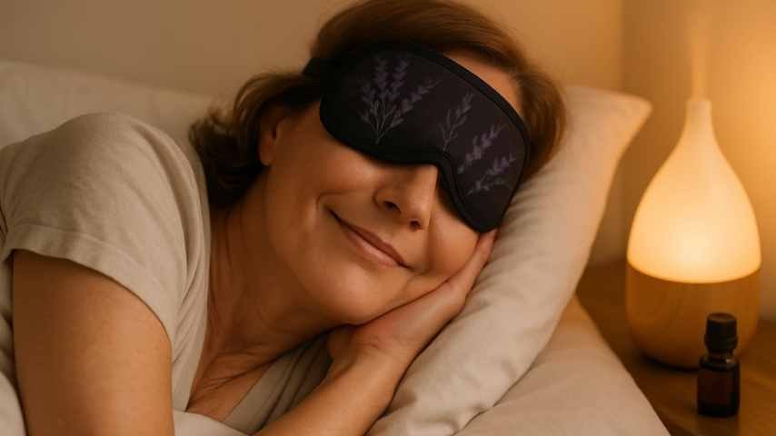 Mulher relaxada usando máscara de sono com lavanda e aromaterapia, deitada confortavelmente para dormir melhor