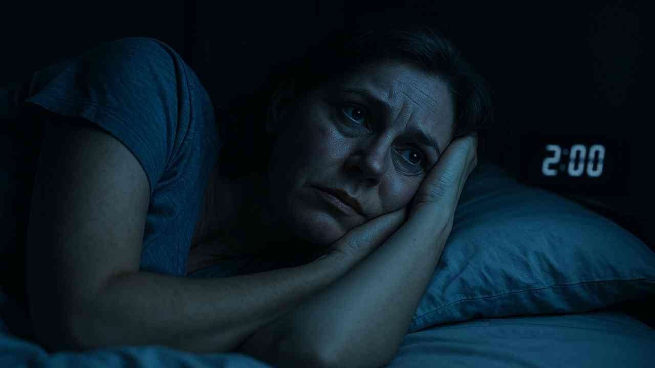 Mulher de meia-idade deitada na cama com insônia e expressão de frustração à noite