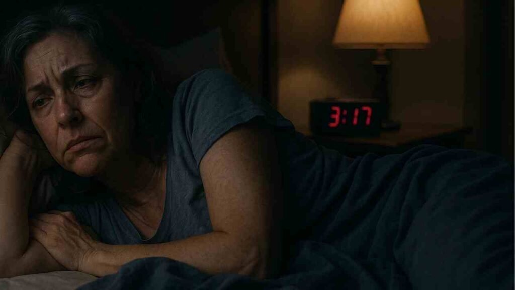 Mulher de meia-idade com insônia causada pela menopausa, deitada na cama com expressão de estresse às 3h da madrugada.