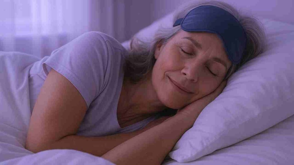 Mulher acima dos 50 anos dormindo tranquila após usar tratamento natural contra insônia na menopausa.