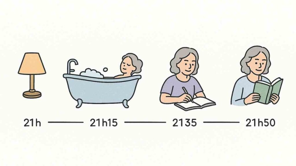 Linha do tempo ilustrada com atividades de ritual noturno para indução do sono em 1 hora
