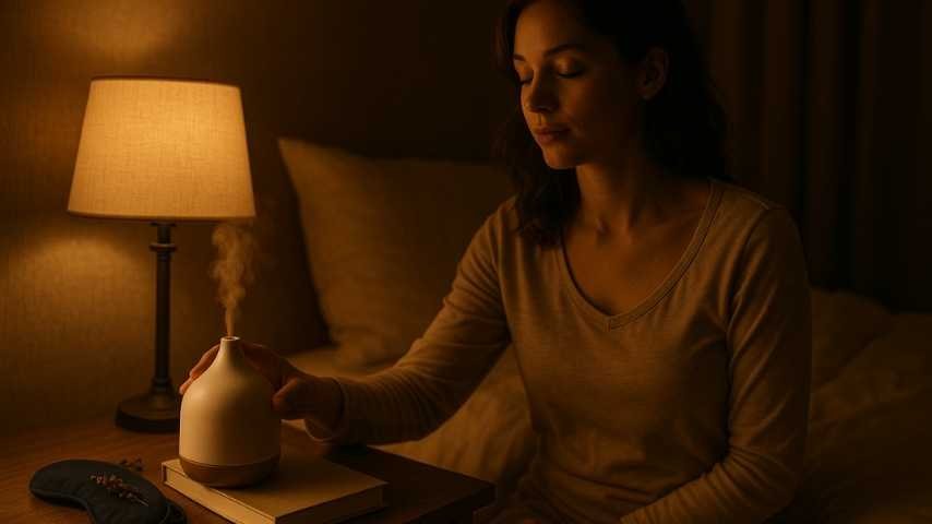 Ritual noturno com máscara de sono e aromaterapia ao lado da cama, ambiente relaxante e pronto para dormir