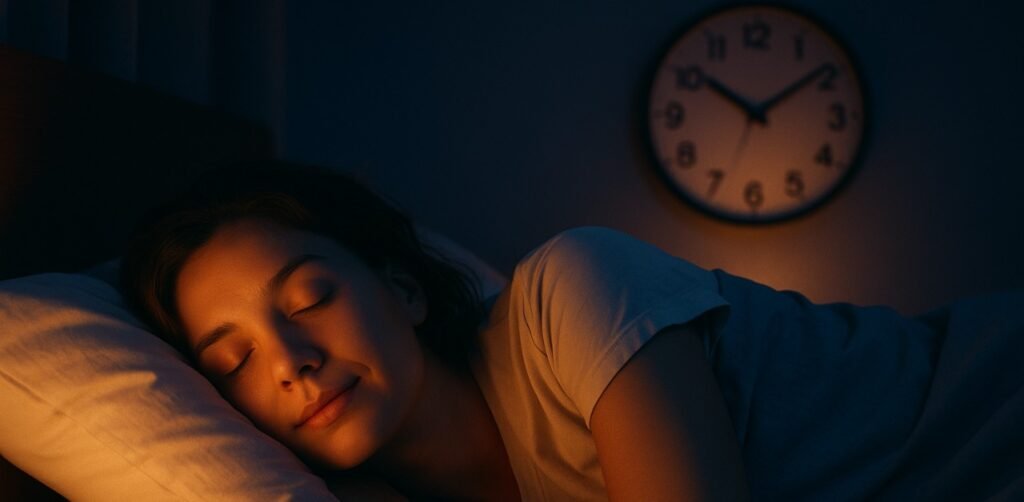 Mulher com expressão relaxada dormindo rápido com luz âmbar