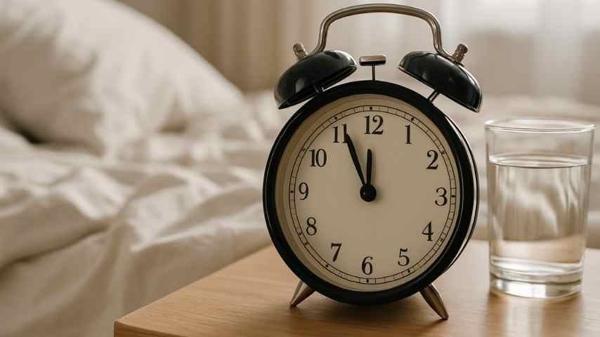 Despertador marcando quase 12h da tarde ao lado de cama desarrumada, sugerindo excesso de sono.