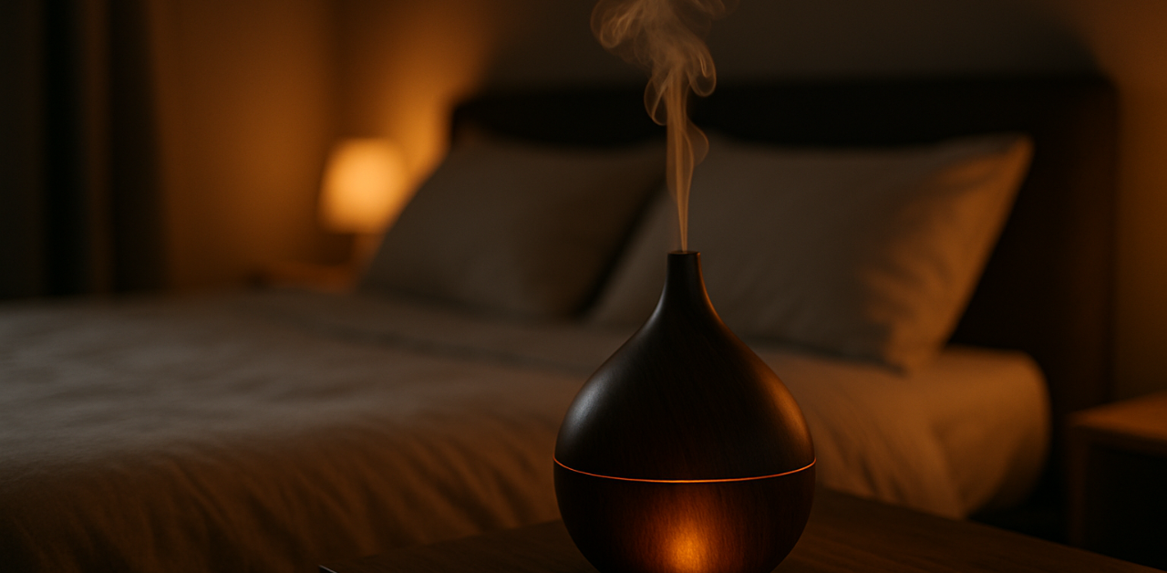 Difusor de aromaterapia com luz âmbar acesa em um quarto escuro, transmitindo relaxamento e conforto noturno.