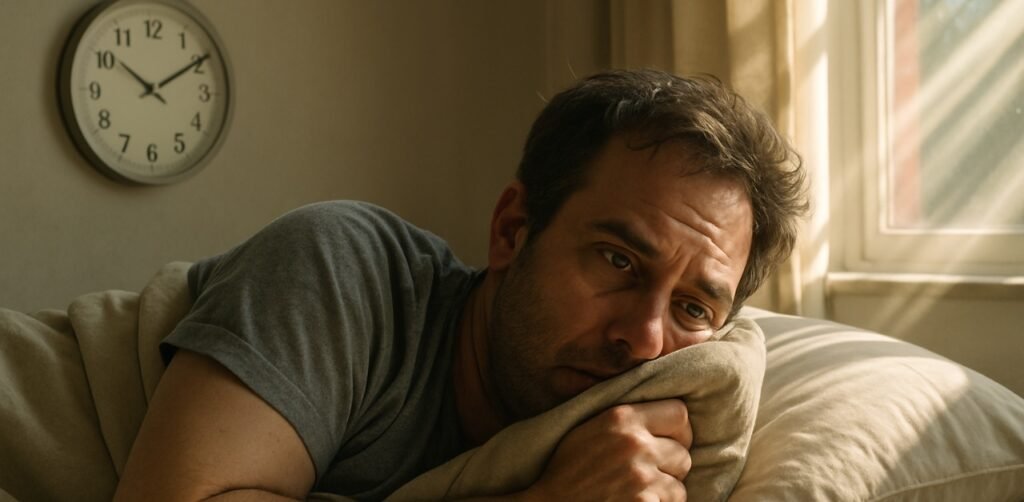 Homem de meia-idade dormindo até tarde, com luz do dia entrando no quarto e expressão de cansaço extremo.