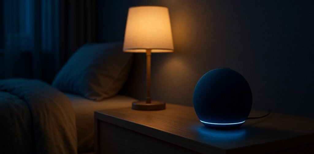 Echo Dot sobre a mesa de cabeceira iluminada suavemente em um quarto aconchegante à noite, simbolizando uma rotina de sono tranquila sem remédios.