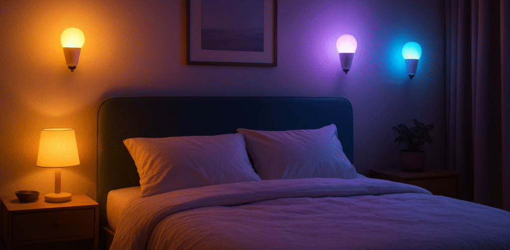 Quarto moderno iluminado por 3 lâmpadas inteligentes com luz suave para melhorar o sono.