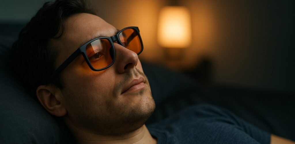 Pessoa relaxando na cama à noite com óculos de bloqueio de luz azul, criando ambiente propício ao sono.