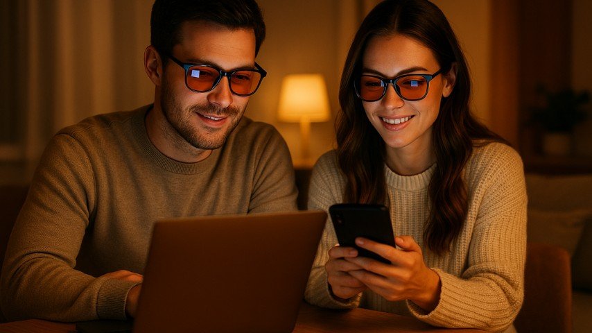 Casal usando óculos de bloqueio de luz azul enquanto utiliza dispositivos eletrônicos à noite.