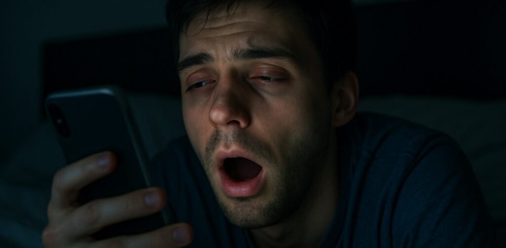 Close-up hiper-realista de um jovem exausto na cama, com olheiras e olhos vermelhos, vendo a tela brilhante do celular no meio da noite, representando a procrastinação do sono.