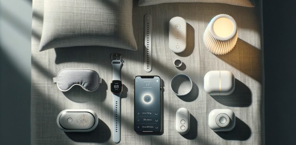 sete dispositivos inteligentes de sono — anel, smartwatch, máscara, luz âmbar, difusor, app no celular e base inteligente — destacando tecnologia para melhorar o descanso.