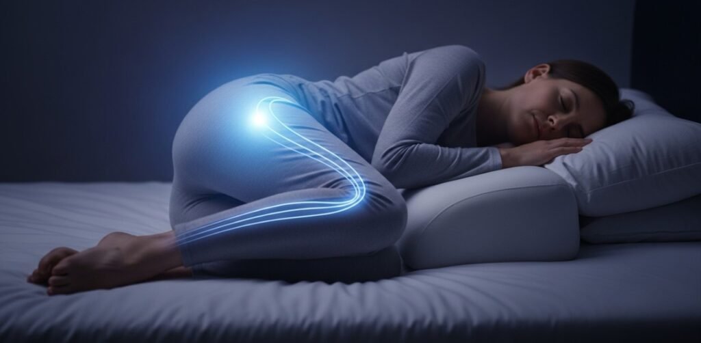 Melhor posição para dormir com ciático: vista de costas de pessoa de lado com travesseiro entre os joelhos. Luz azul suave saindo da região lombar inferior traça o caminho exato do nervo ciático pelo glúteo e coxa, simbolizando alívio da dor.